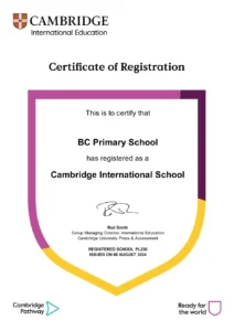 Certyfikat Cambridge International Education: BC Primary School zarejestrowana jako Cambridge International School